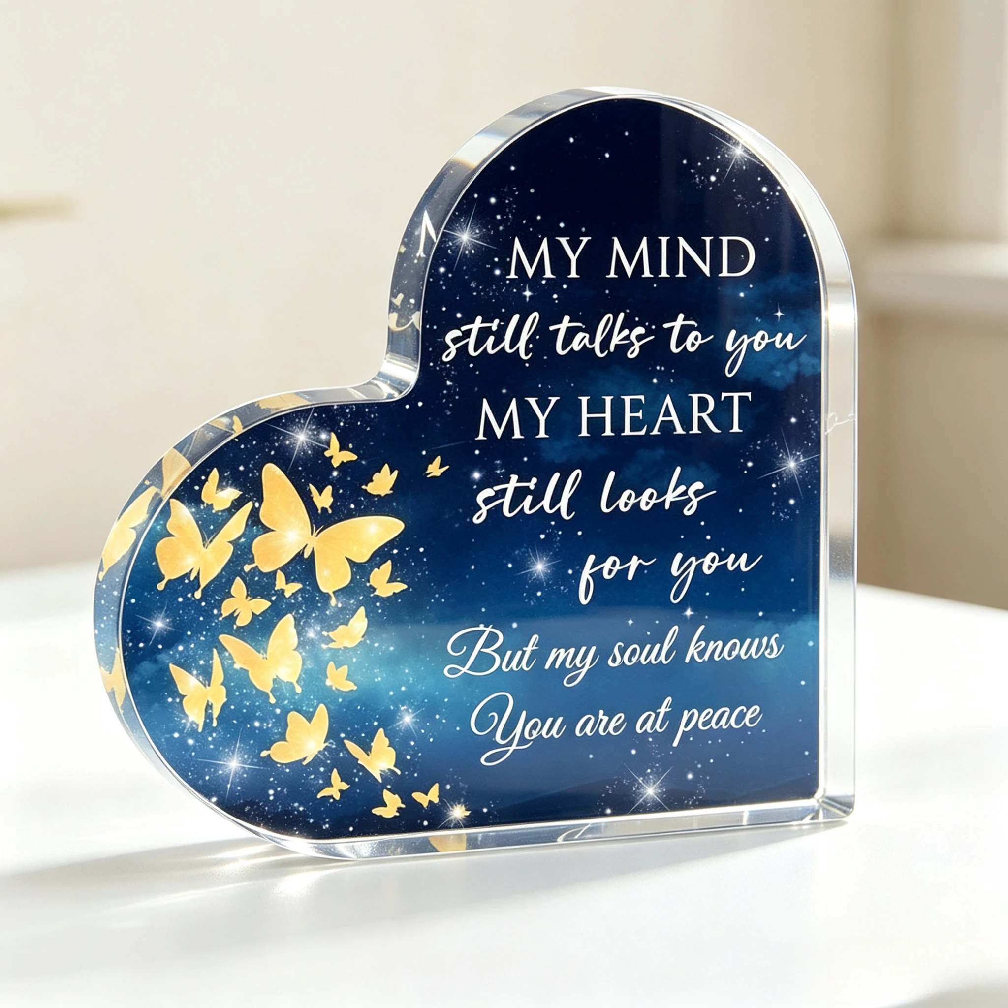 My Mind Still Talks To You Heart‑Shaped Acrylic Memorial Tabletop Plaque, Golden Butterfly Starry Sky Condolence Desk Decor