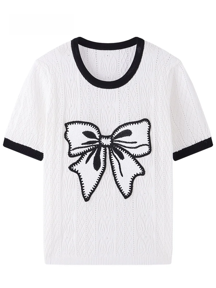 

JZZDEMM Knot Embroidery Pattern Color Block Knitted Short Sleeve Women's Slim Fit Fashionable Top Quality Polyester