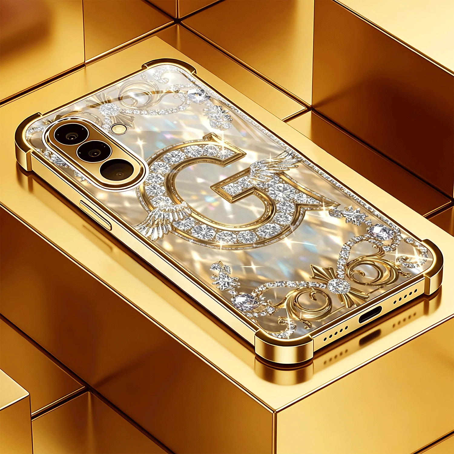 Gold studded diamond letter G electroplated glass phone case suitable for Samsung Galaxy S26 S25 S24 S22 S21 S20 FE/Ultra/Plus