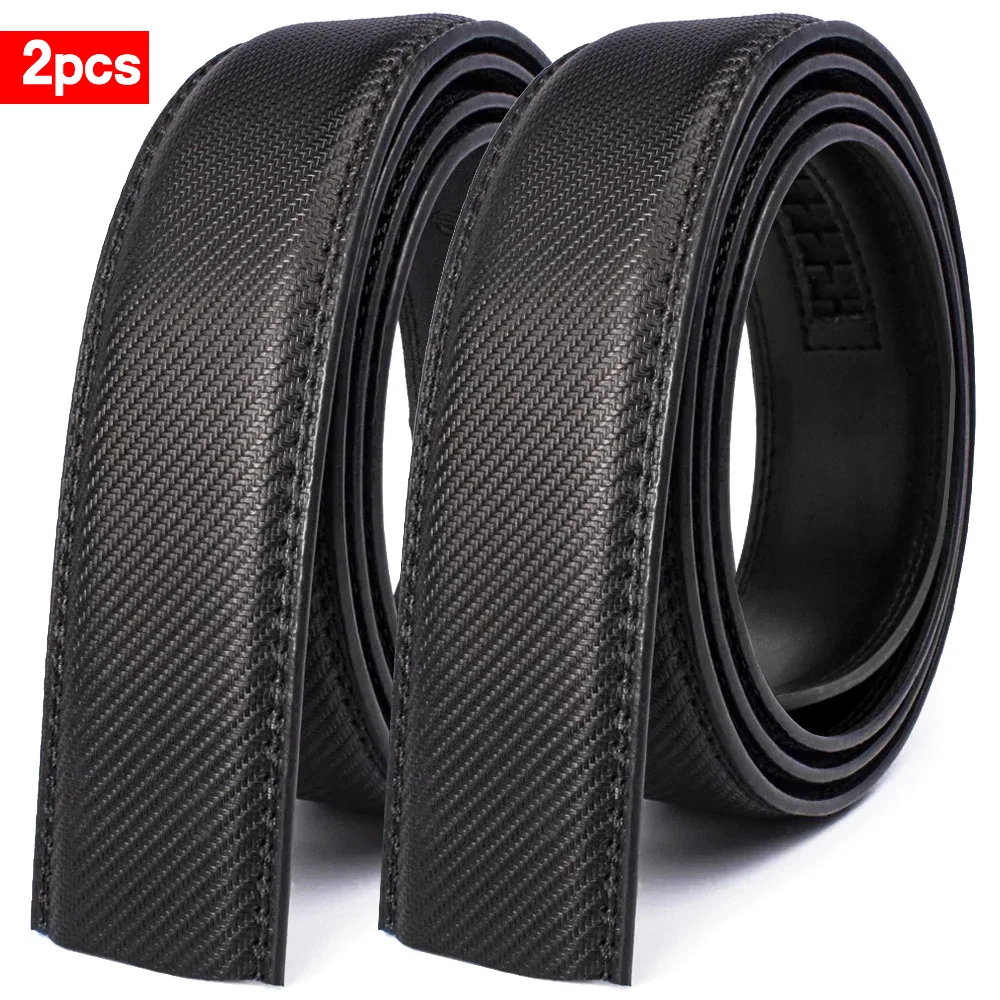 2Pcs Men's Black Striped Ratchet Belt Second Layer Cowhide No Buckle Automatic 3.5cm Width Freely Cuttable Business Casual Style
