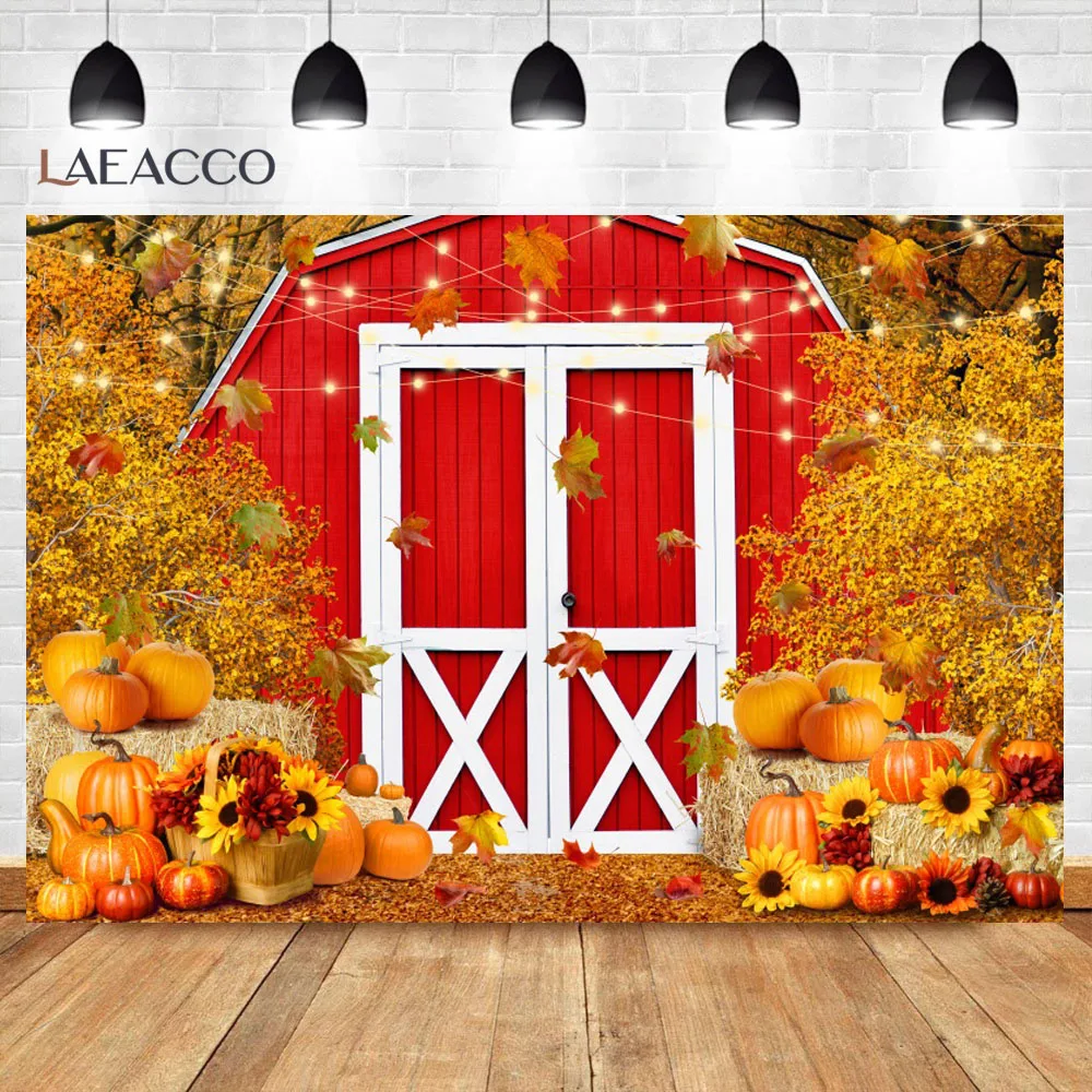 

Fall Harvest Red Farm Backdrop for Photography Autumn Pumpkin Maple Leave Thanksgiving Day Baby Shower Birthday Party Background