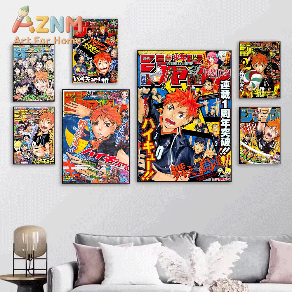 Haikyuu Anime Magazine Collage Canvas Wall Art, Hinata Shoyo Volleyball Manga Print, Unframed Canvas Painting for Teen Room Ae