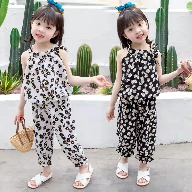 Pants Suit Children Casual Loungewear 2Pcs Baby Girls Clothing Sets Summer Sleeveless Flower Kids Girls Clothes Chiffon Shirts