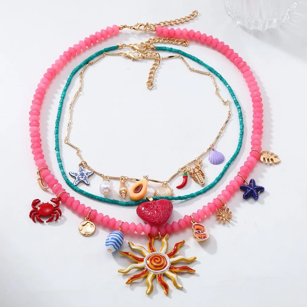 3PCS New Multi-layer Summer Vacation Beaded Necklace Dopamine Heart Alloy Sun Face Pendant Conch Crab Neck Accessories
