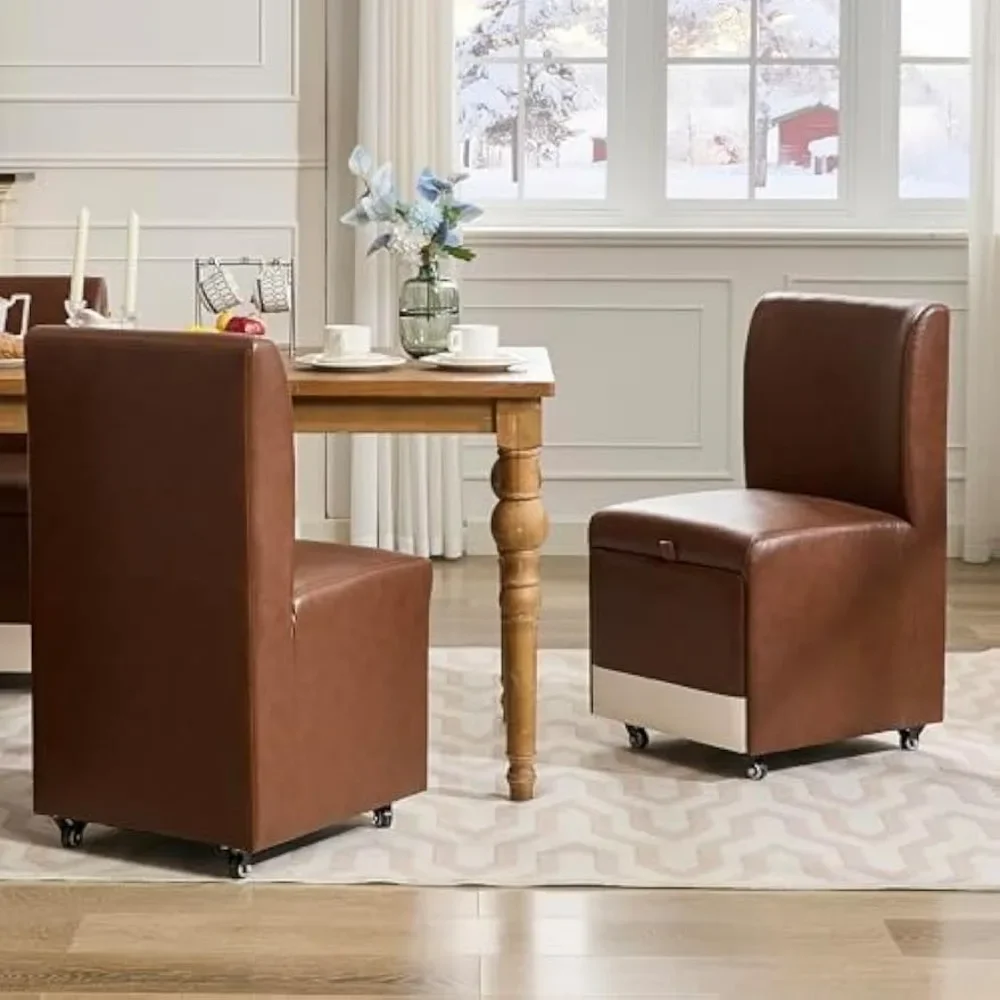 Jídelní židle sada z 2 s casters & úložný, comfy moderní kolejových hnědá kůže armless chairs, čalouněné otočný jídelní židle