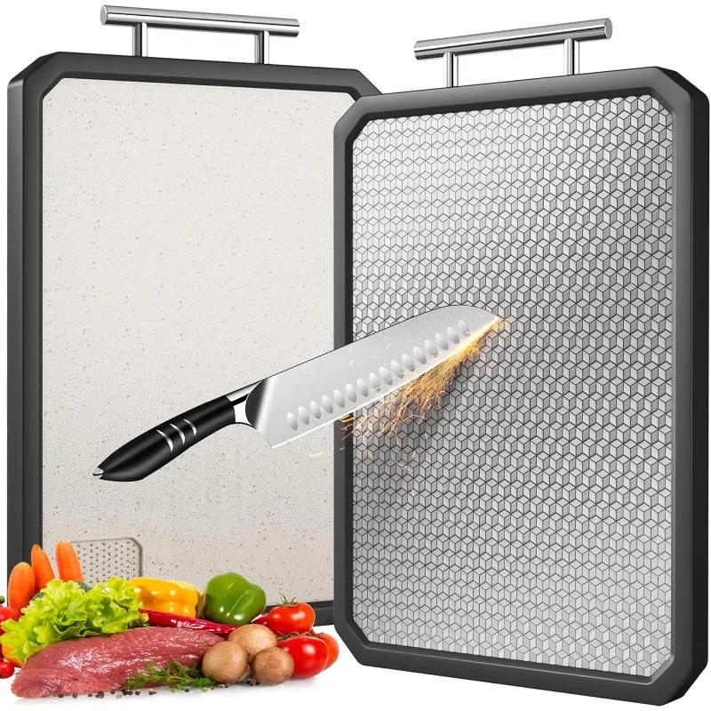 2025Double Sided Cutting Board 304 Stainless Steel & Wheat Straw  Scratch Resistant Mesh Design, Non-Slip Edge (Black,16.3