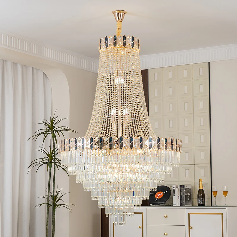 European Crystal Chandelier Rotating Staircase Pendant Light Duplex Floor Living Room Lamp Villa Floor Middle Floor Hotel Light