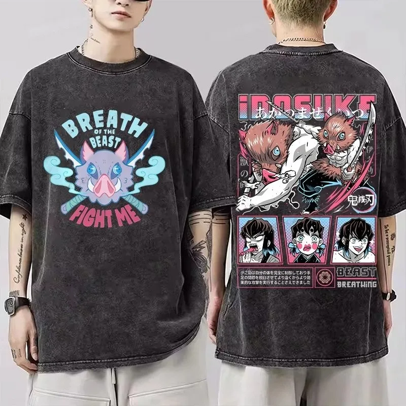 Japanische Anime Demon Slayer Inosuke Print Washed T-Shirts für Herren und Damen, reine Kleidung, Harajuku Y2K Streetwear, Baumwoll-Sportbekleidung