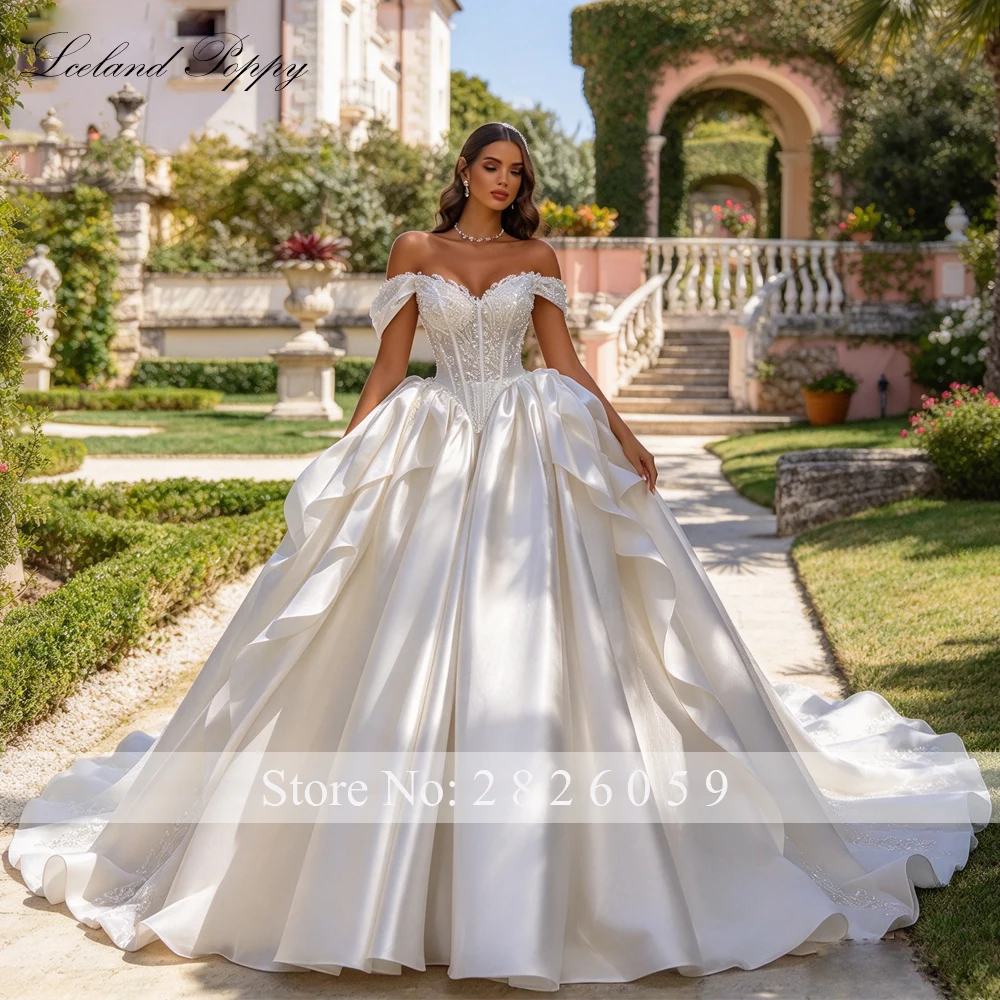 Lceland Poppy Customized Ball Gown Off the Shoulder Satin Wedding Dresses Floor Length Lace Bridal Gowns with Chapel Train