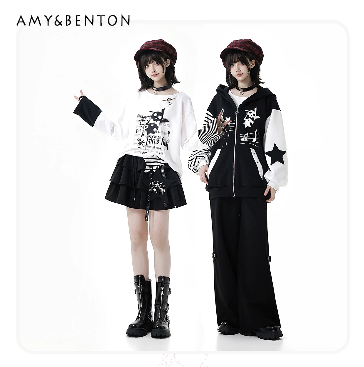 Harajuku estilo punk preto e branco retalhos dos desenhos animados impressão hoodie casual calças compridas estilo universitário roupa de menina quente primavera outono