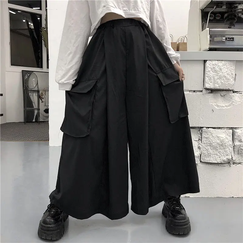 Black Pockets Patchwork Wide Leg Pants Spring Elastic Waist Solid Loose Plus Size Straight Pants Casual Fashion Women Clothing