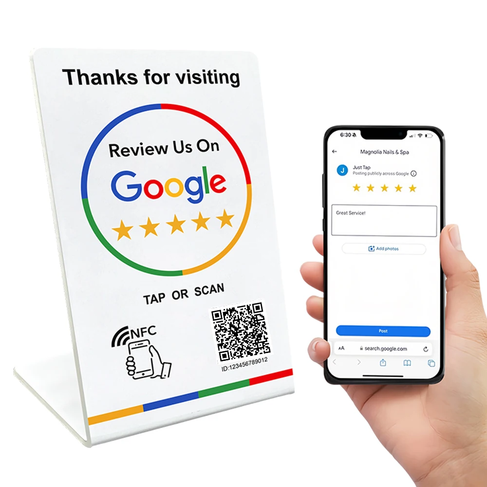 Nfc 215 código QR programável Cartão de Revisão do Google Mesa de estação NFC NFC Google Reviews exibem cartão dobrável suporte de marca em pé