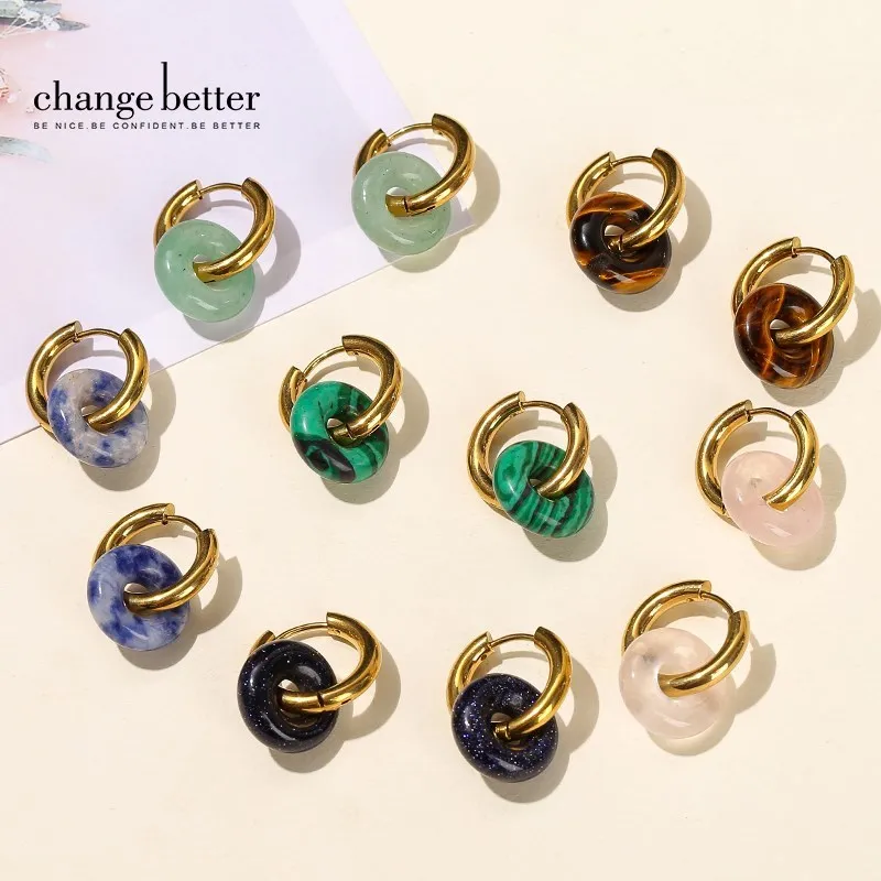 

Change Better Natural Stone Doughnut Stainless Steel Golden Hoop Earrings Women Reiki Healing Crystal Pendant Dangle Earring