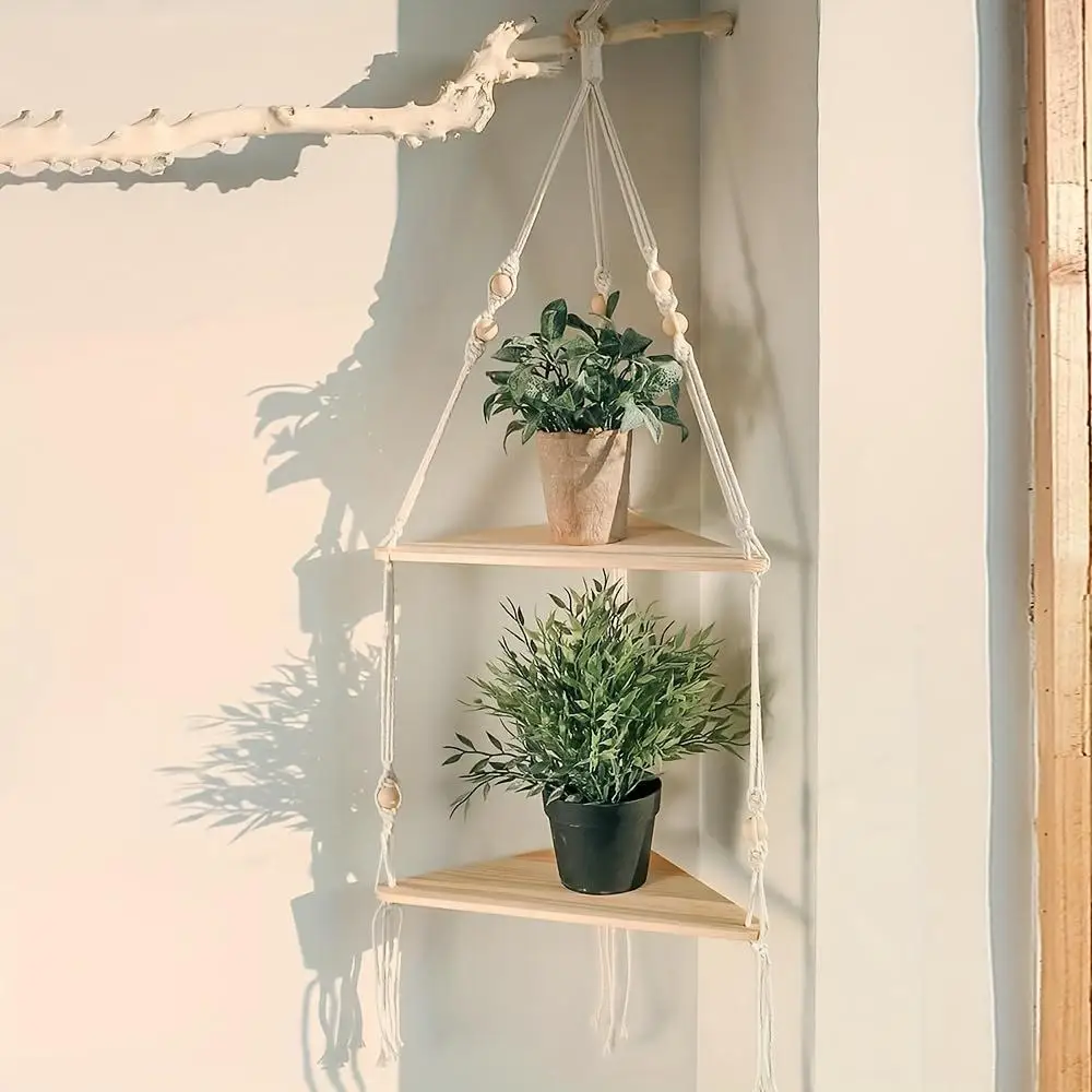 2-stufiges Eckregal zum Aufhängen an der Wand, rustikaler Boho-Stoff mit handgewebtem Seil, Mehrraumaufbewahrung für Pflanzen und Fotorahmen