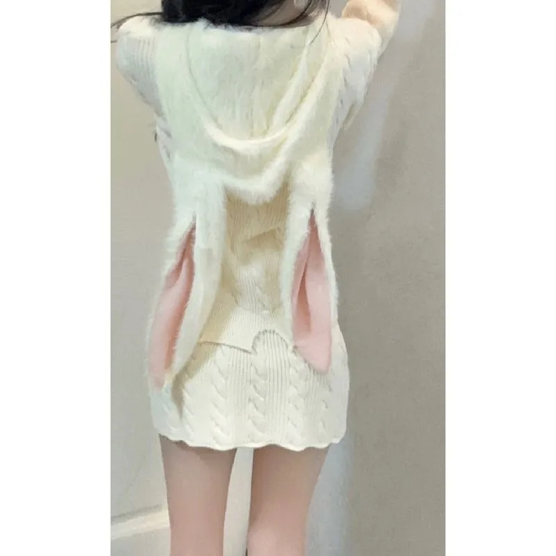 

Cute Rabbit Hooded Knit Cardigan Hip Wrap Skirt Two-piece Set Women Hollow Fashion Fried Dough Twists Solid Sim Sweater Suit