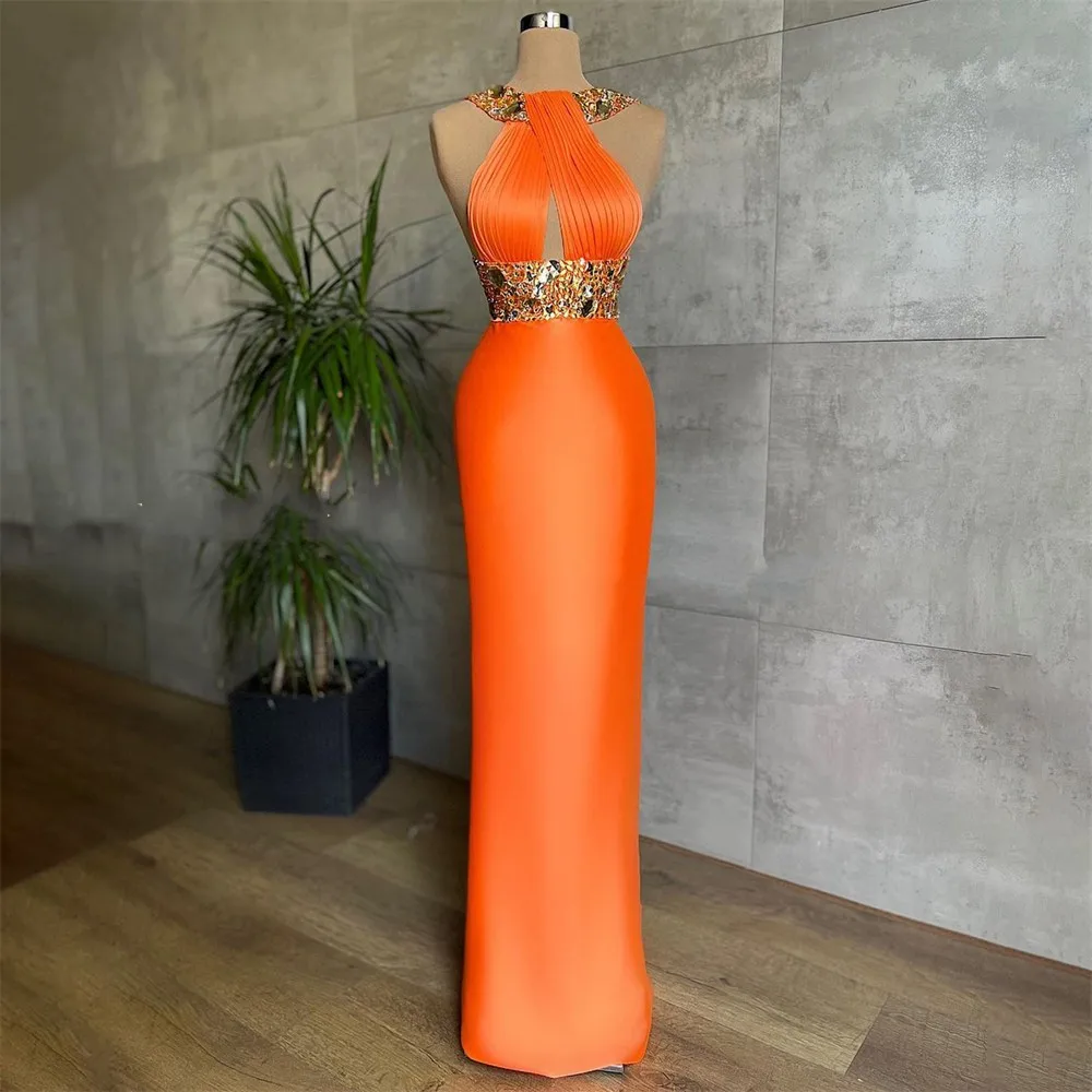 Sexy Oranje Avond Formele Jurk Halter Glitter Pailletten Geplooid Dubai Satijnen Prom Party Jurken Vestidos Festa Long Robe De Soriee