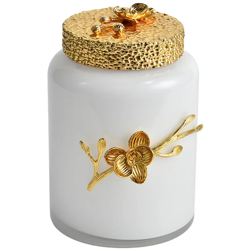 

Light luxury high-end glass vase jar ornament golden flower living room entrance decoration
