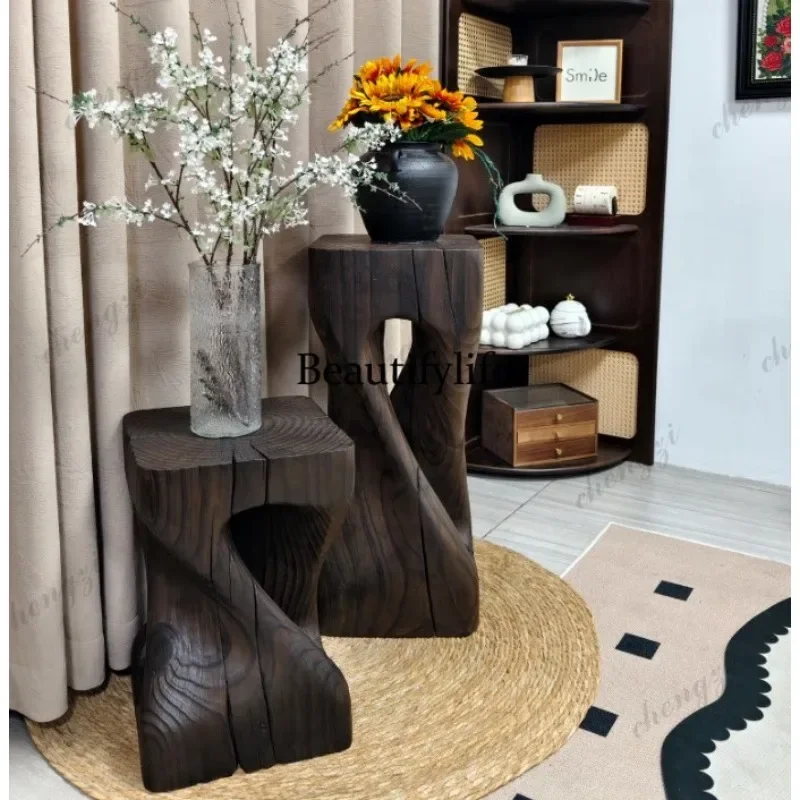 A52 All solid wood carbonized log stool wabi-sabi wind pier hollow decorative flower stand coffee table