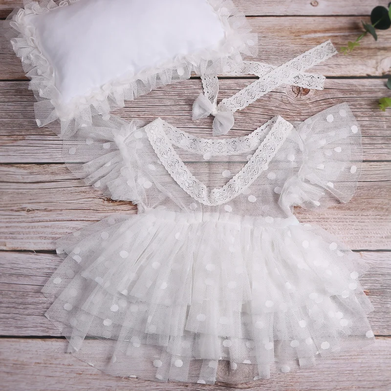 Ylsteed 3 Pieces Set Newborn Lace Romper with Posing Pillow Hairband Baby Girl Photography Outfits Infant Dot Mesh Dress