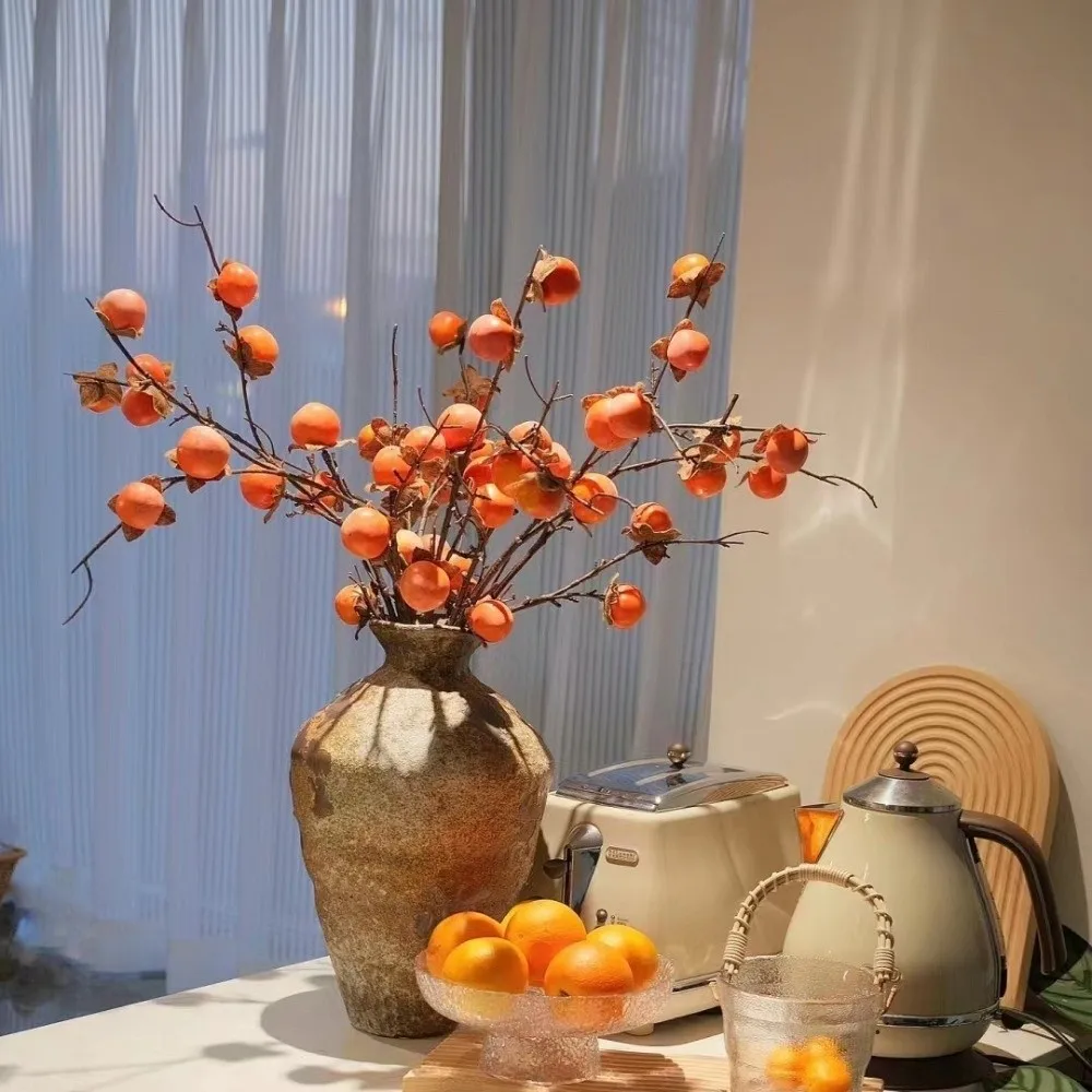 8 Heads Artificial Persimmon Branch Handmade Realistic Artificial Fruits Branches Plastic Elegant Fake Plants