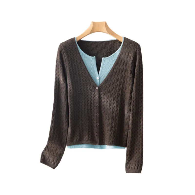 

Women Twisted Wool Knitt Cardiagns,Auutmn Winter Color-Block Fake Two-Piece Sweater,V-neck 4%Wool Knitwear