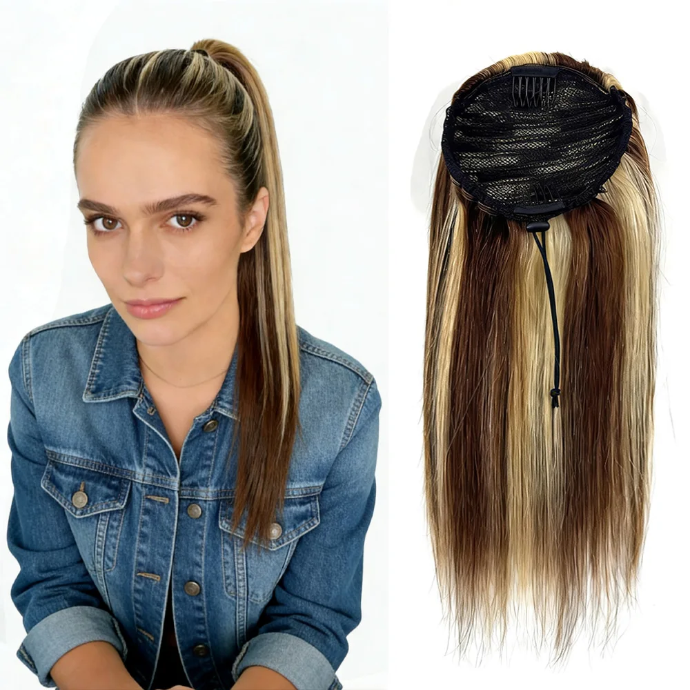 

Clip-In 100% Human Hair Ponytail Extensions with Drawstring - Natural Look Soft Straight Hair Hairpiece 4P613,Add Hair Length