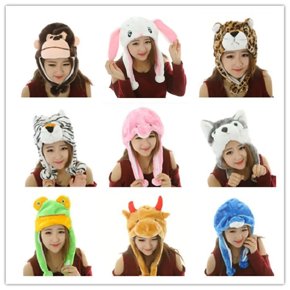 Funny Toys Cartoon Plush Moving Hat Animal Neck Warmer Movable Ears Airbag Cap Animal Earflap Hat Kids Adult Gifts