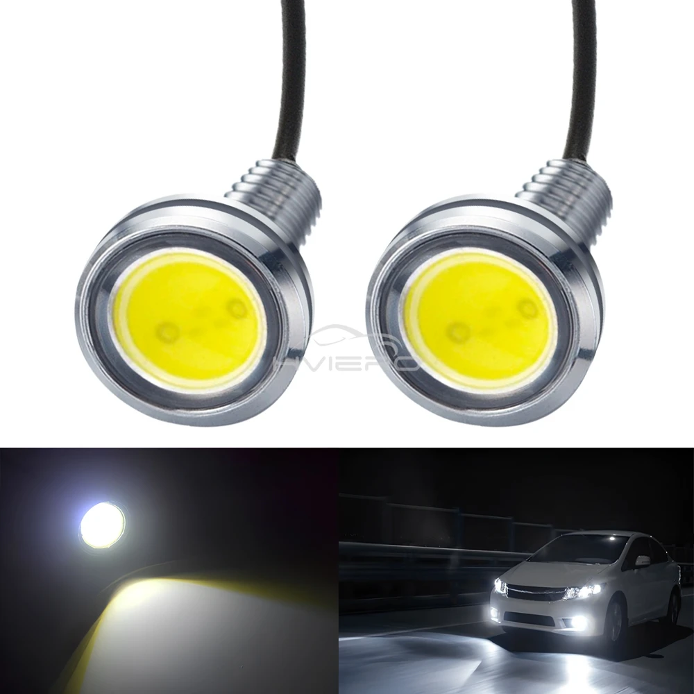 2 uds 23MM coches ojo de águila carcasa plateada DRL luces de circulación diurna LED 12V señales de estacionamiento de marcha atrás de respaldo lámparas de automóviles