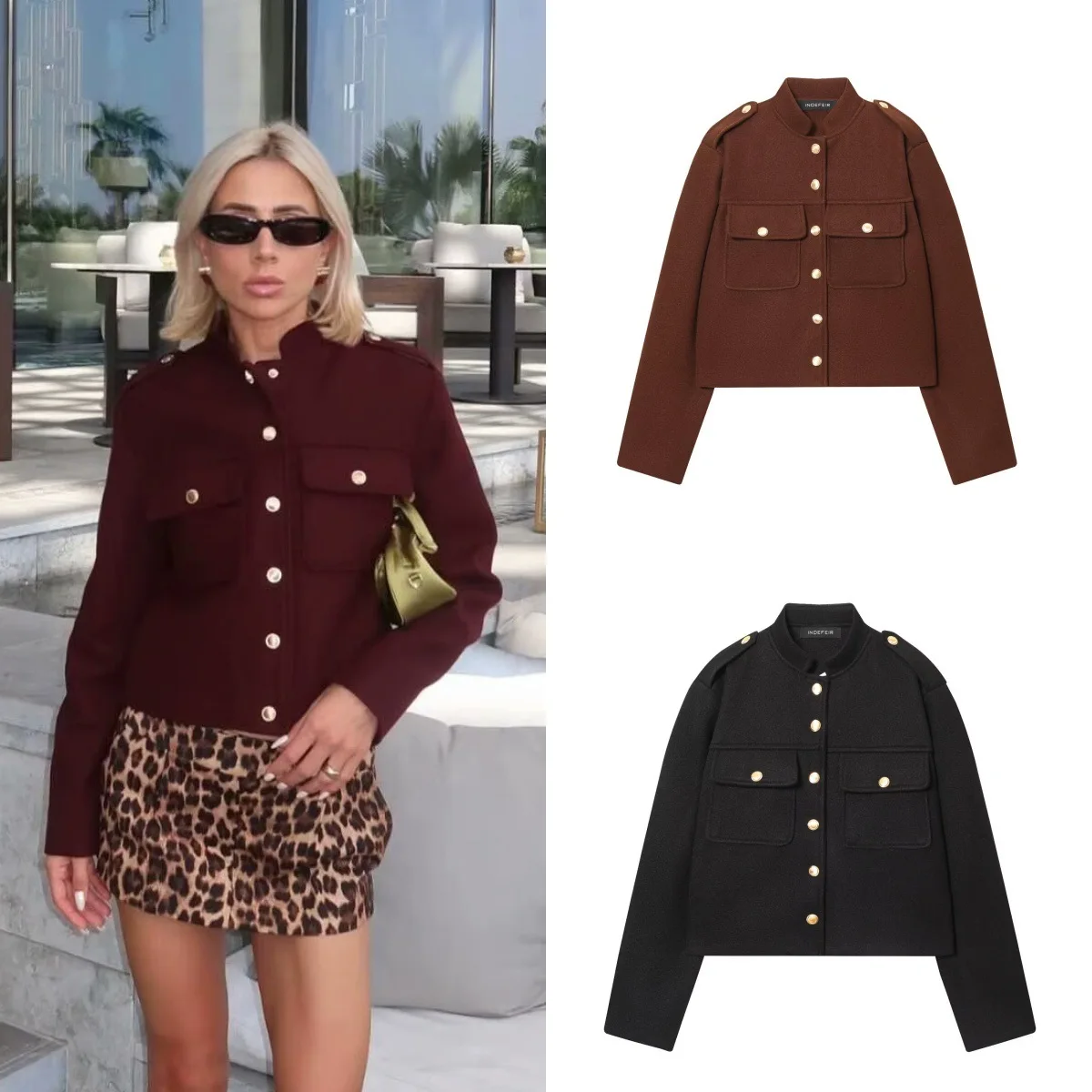 

Женская осенняя модная повседневная однобортная короткая куртка, шерстяное короткое пальто, женское базовое пальто с длинными рукавами и карманами