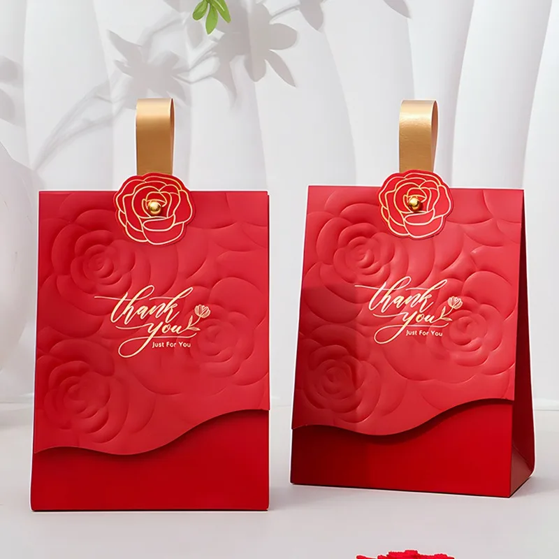 

10 Pcs Wedding Candy Box Gift Bag Thank You Marry Rose Souvenir Pink Carton Marriage Red Packaging Boxs for Guests Wholesale