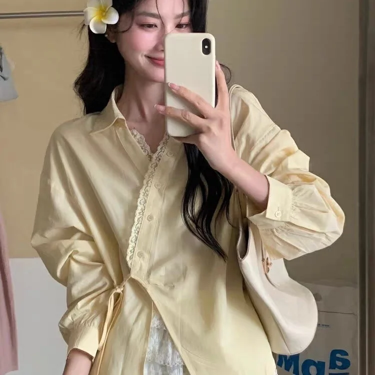 

Long Sleeve Shirts Womens Cotton Oversized Button Down Tops Sweet Feminine Minimalist Retro French Style Preppy Youth College
