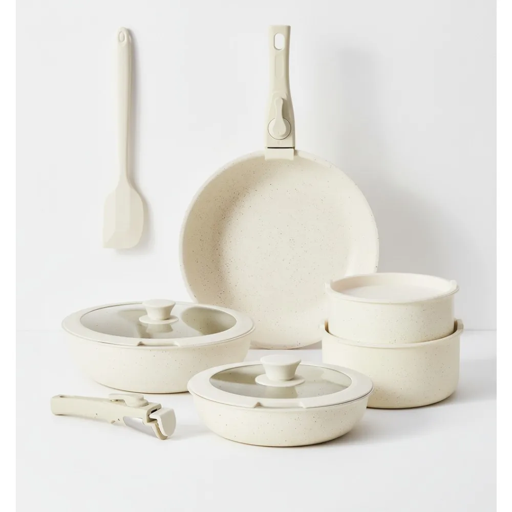 

Набор посуды из белого гранита с антипригарным покрытием, 12 предметов со съемными ручками — универсальные здоровые кастрюли и сковороды для всех плит