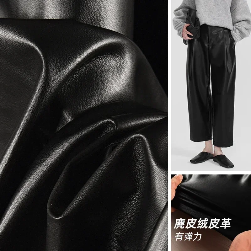 Suede PU Leather Fabric Black Soft Silky Elastic Leather Clothing Wholesale Cloth for Diy Apparel Sewing Material