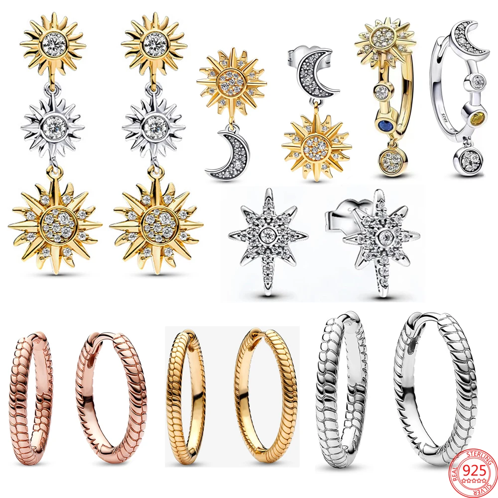 Orecchini in argento sterling 925 con zirconi sole, luna, stella ottagonale e serpentina, gioielli brillanti da donna