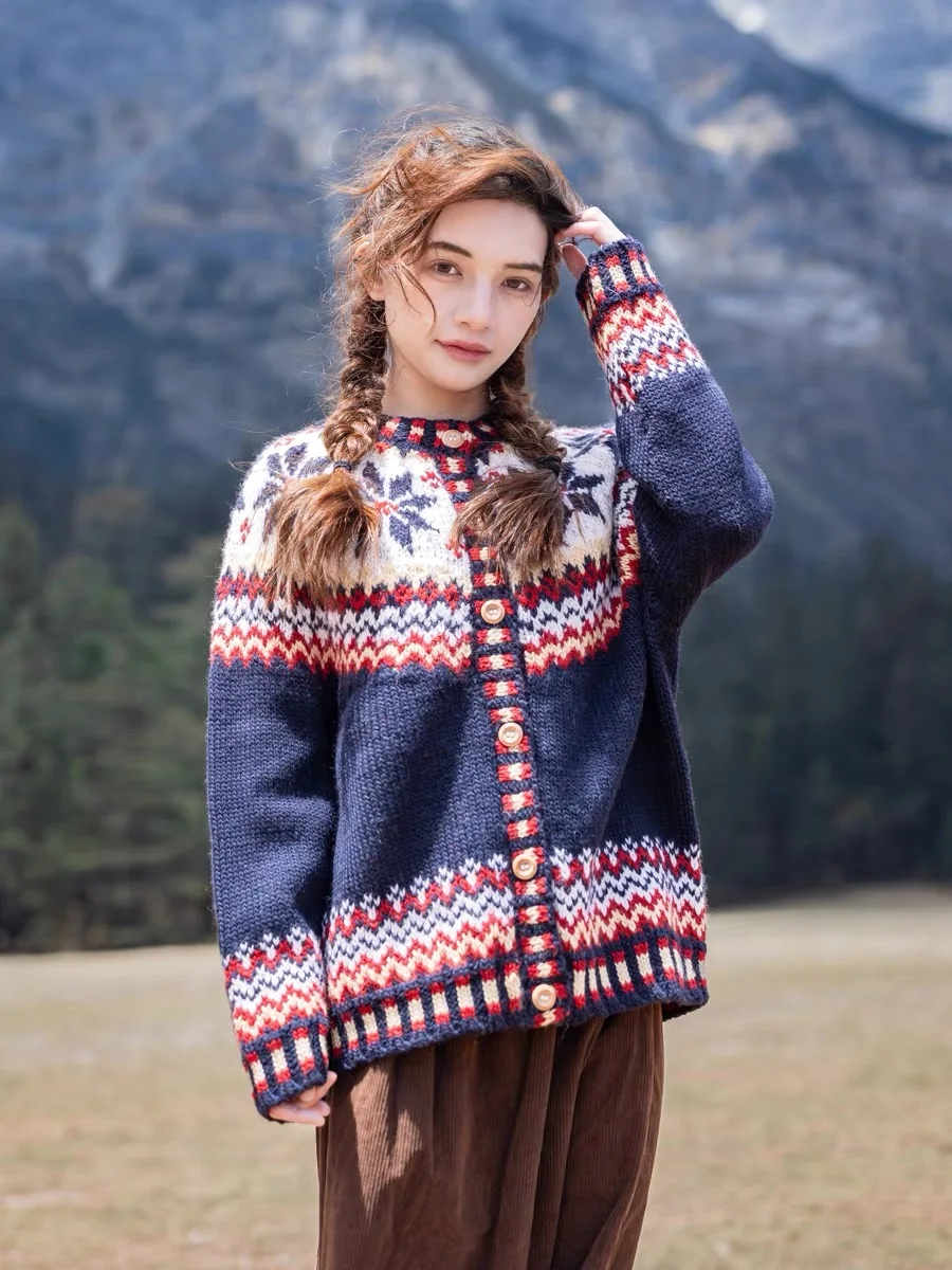 102cm Bust Autumn Winter Women Fair Isle Icelandic Handknit Vintage Handmade Thick Warm 100% Wool Sweater Coat Cardigans