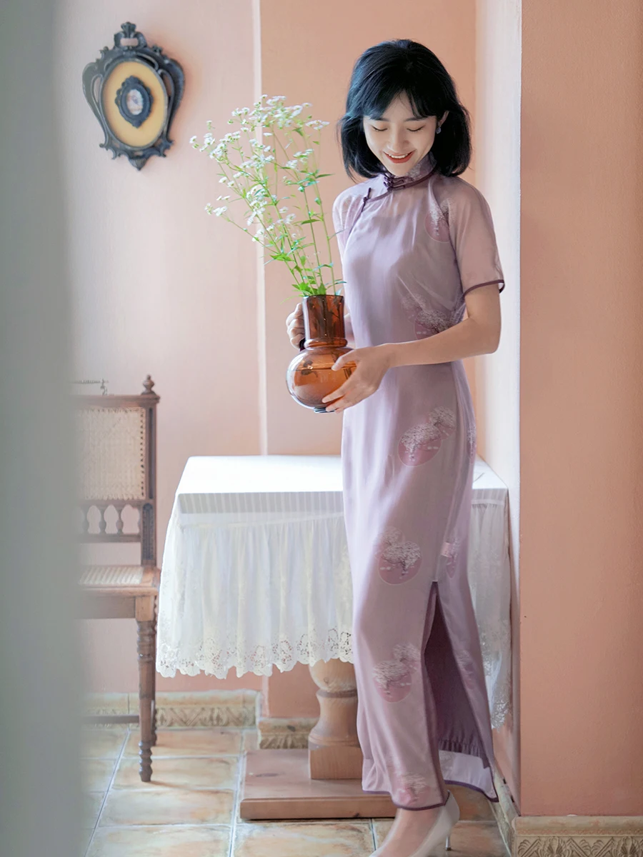 

Autumn Long 2-Piece Set Vintage Daily Silk Georgette Tee-Quarter Sve Full Slit Low Slit Pure Color
