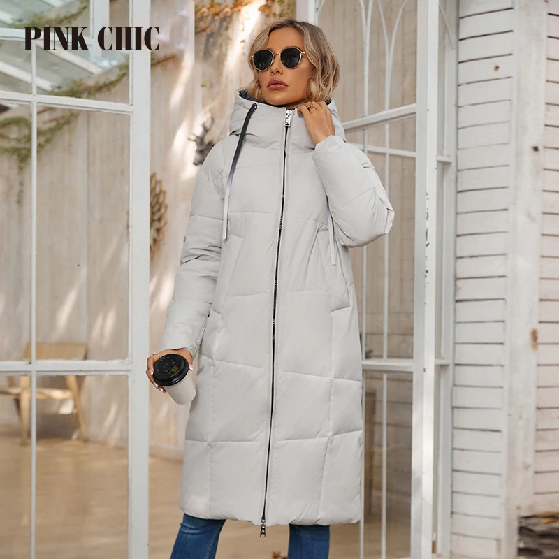 

PINK CHIC 2023 Winter Coat Women Down Jackets Fashion Classic Warm Lace up Hooded Long Women's Casual Parka Female W8236