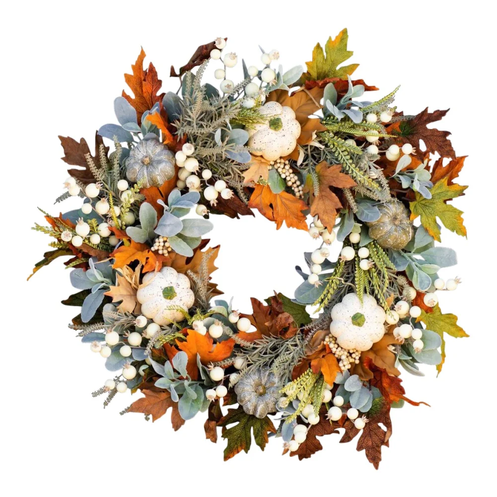 White Pumpkins Wreath Retro Front Door Thanksgiving Autumn Wreath Artificial Flower Fall Halloween Decoration Corona di zucca bi