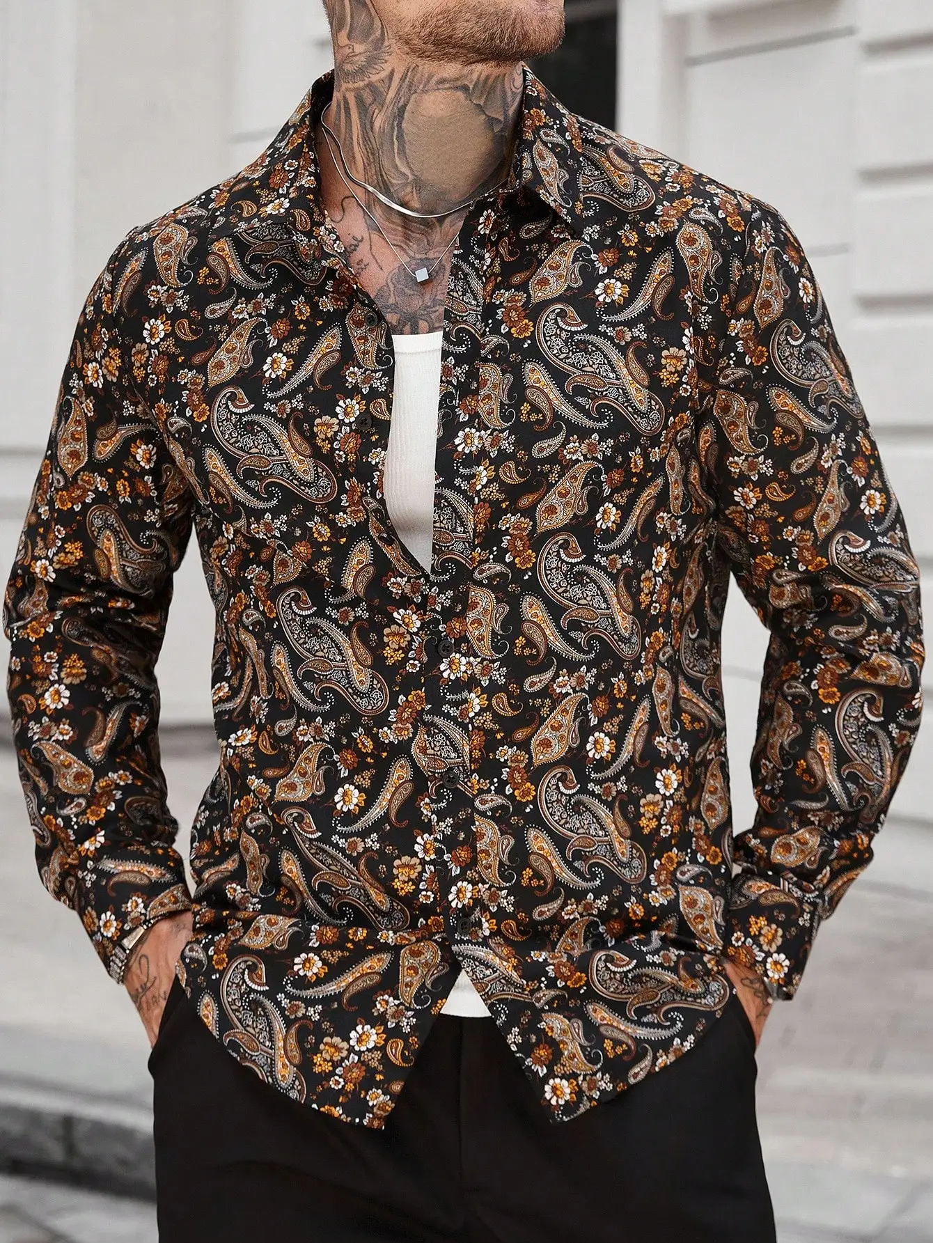 

Men's Long Sleeve Paisley Print Casual Shirt for Autumn, Retro Style