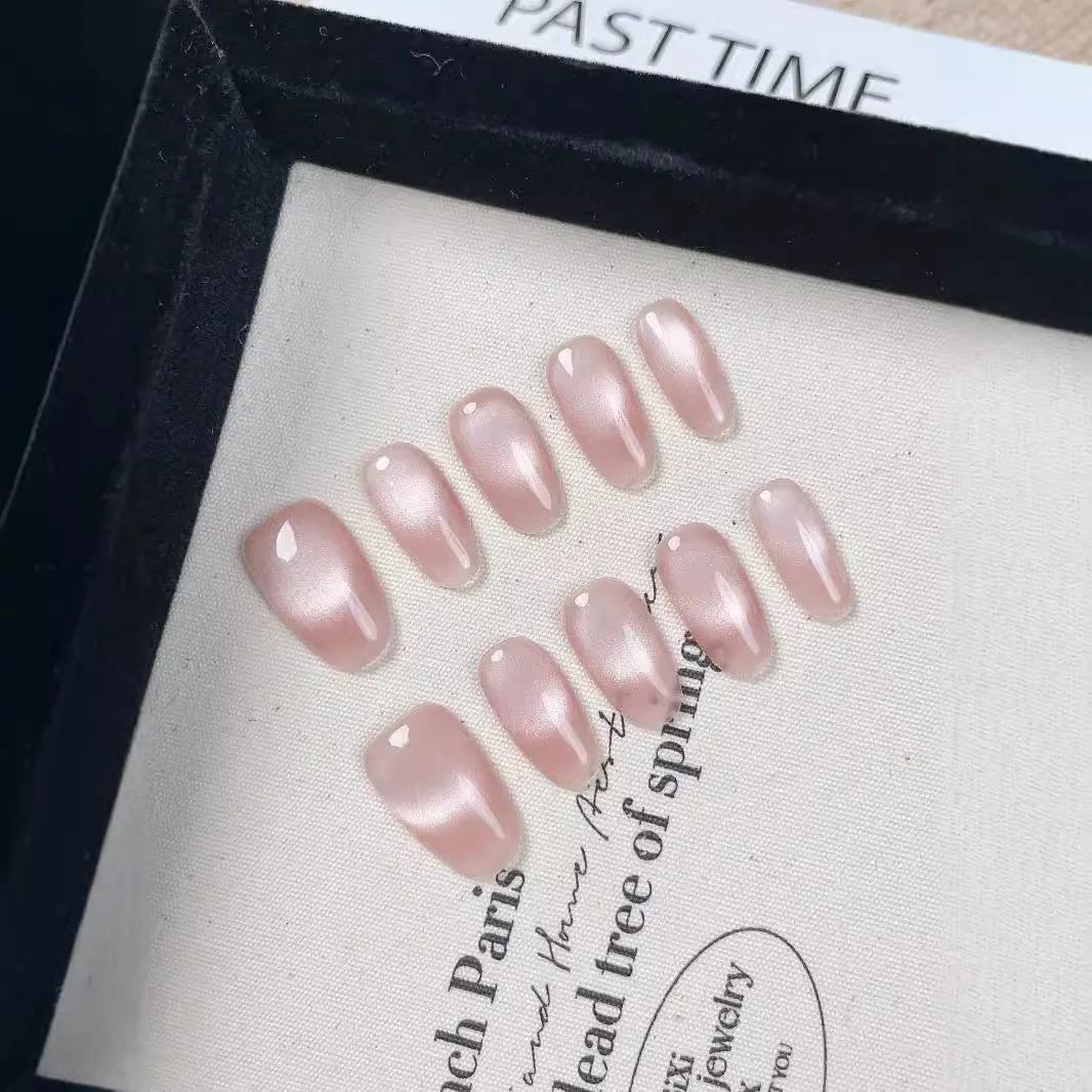 10 Stück solide rosa Katzenaugen-Nägel zum Aufdrücken, handgefertigt, glänzend, kurze ovale künstliche Nägel, vollständige Abdeckung, luxuriöse fertige künstliche Nägel mit Kleber – Detail 3