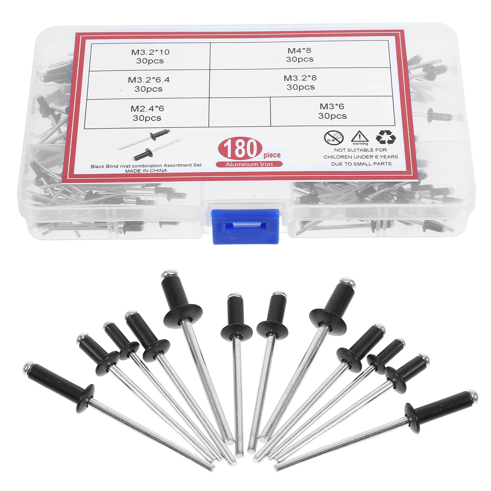 180個入り ブラックアルミニウムポップリベット 金属製 安定した迅速な取り付け 多目的ブラインドリベット詰め合わせ ポップリベット