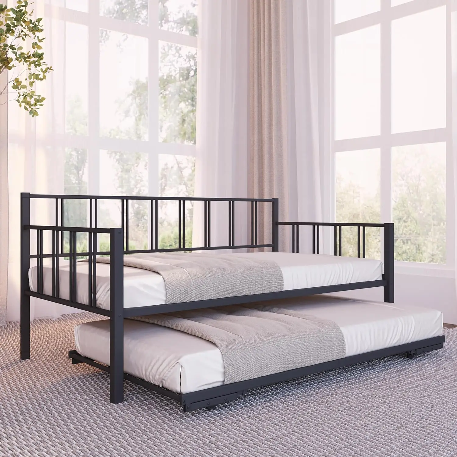 

Twin Daybed With Backrest And Pop-Up Trundle Set, Modern Black Frame – Daybed With Trundle (Mattresses Sold Separately)(Black)