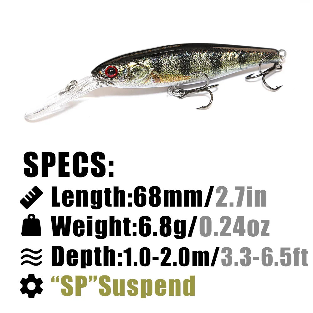 B&U  68mm 3D Printing Shad Suspending Minnow Artificial Fishing Lure Jerkbait Wobblers Bass Pike Swimbait Fishing Lures