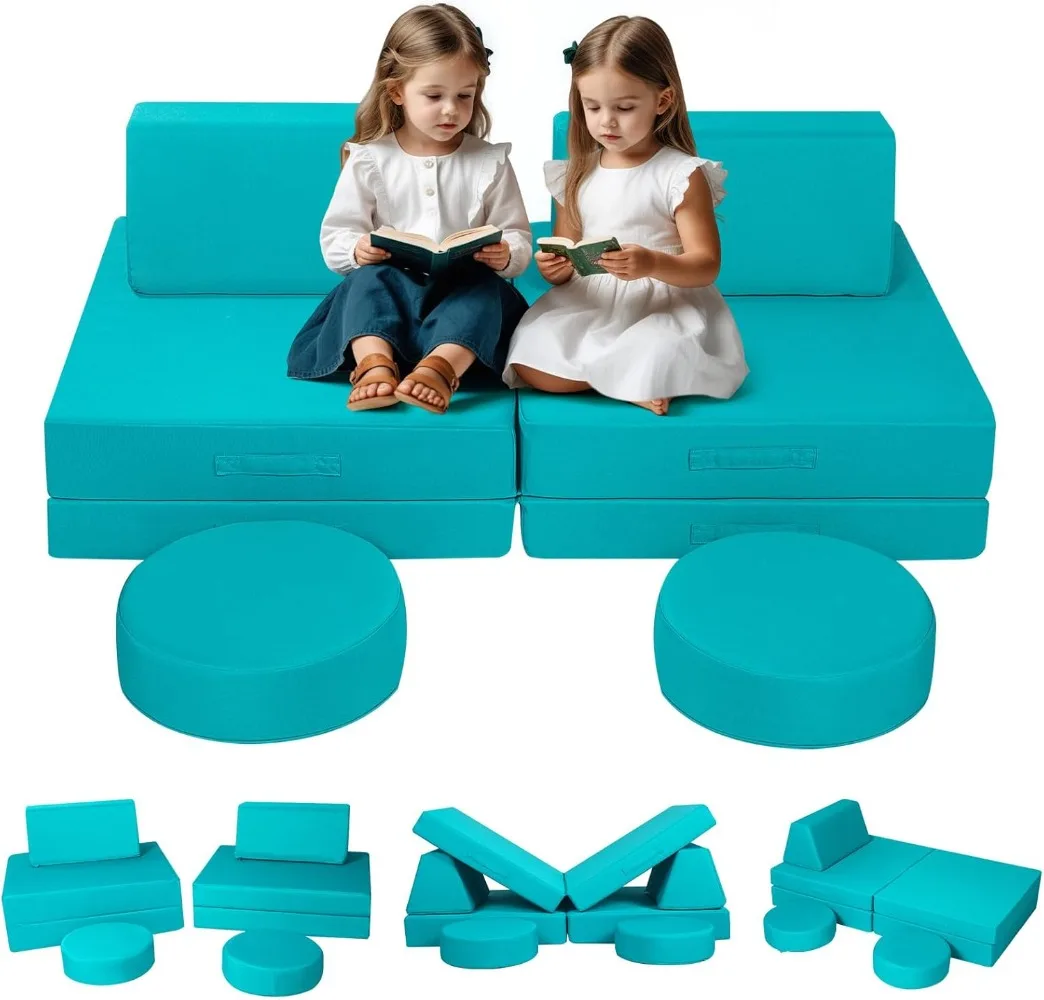 Sofá modular para niños pequeños, fuerte de construcción para sala de juegos, juego de sofá plegable para bebé de 8 piezas, sofá convertible de espuma para niños, azul