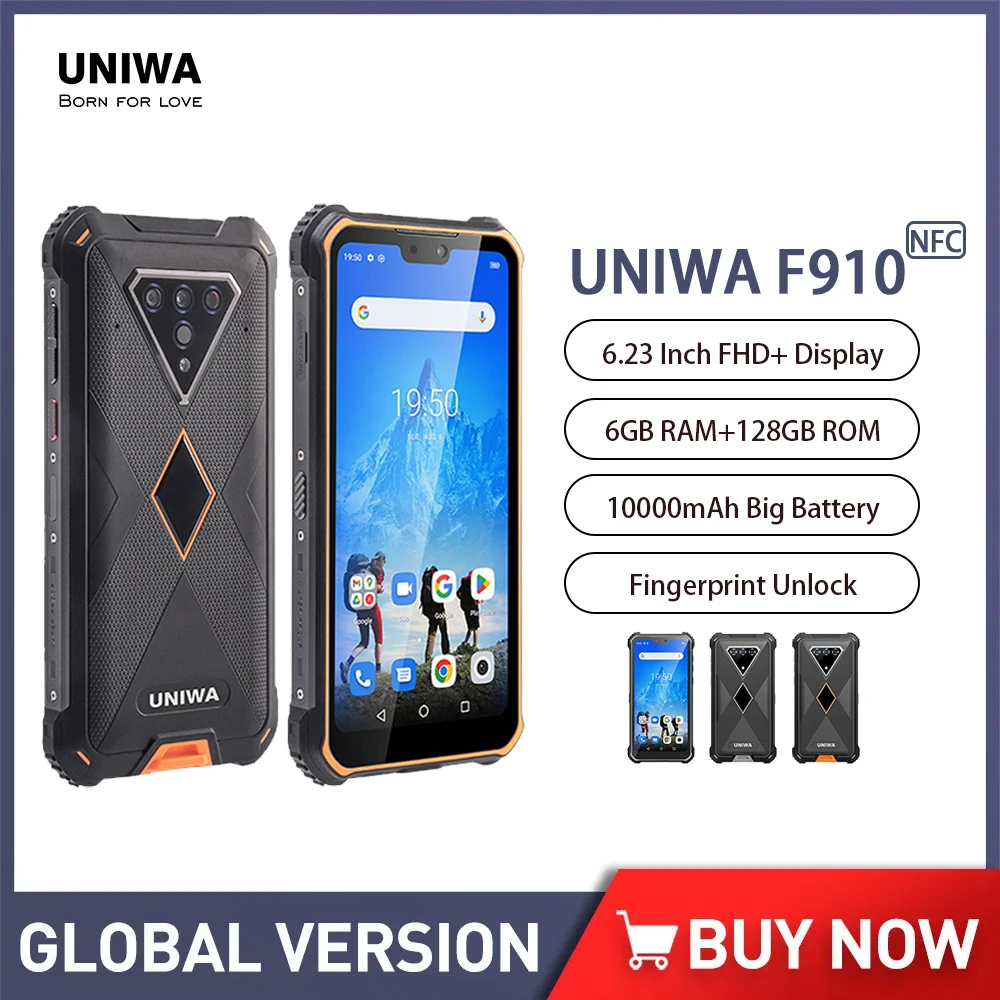 Глобальная версия UNIWA F910 4G IP68 Прочный смартфон Android Разблокировка отпечатков пальцев 10000 мАч 6 ГБ + 128 ГБ 6,23 дюйма FHD + мобильный телефон NFC