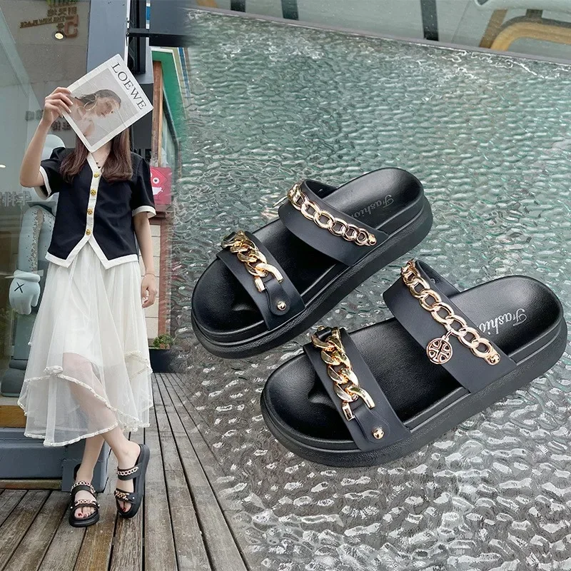 2024 Modern Slippers Double Band Comfortable Women\'s Slippers Retro Gold Chains Summer Shoes for Women Solid Color Flip-flops