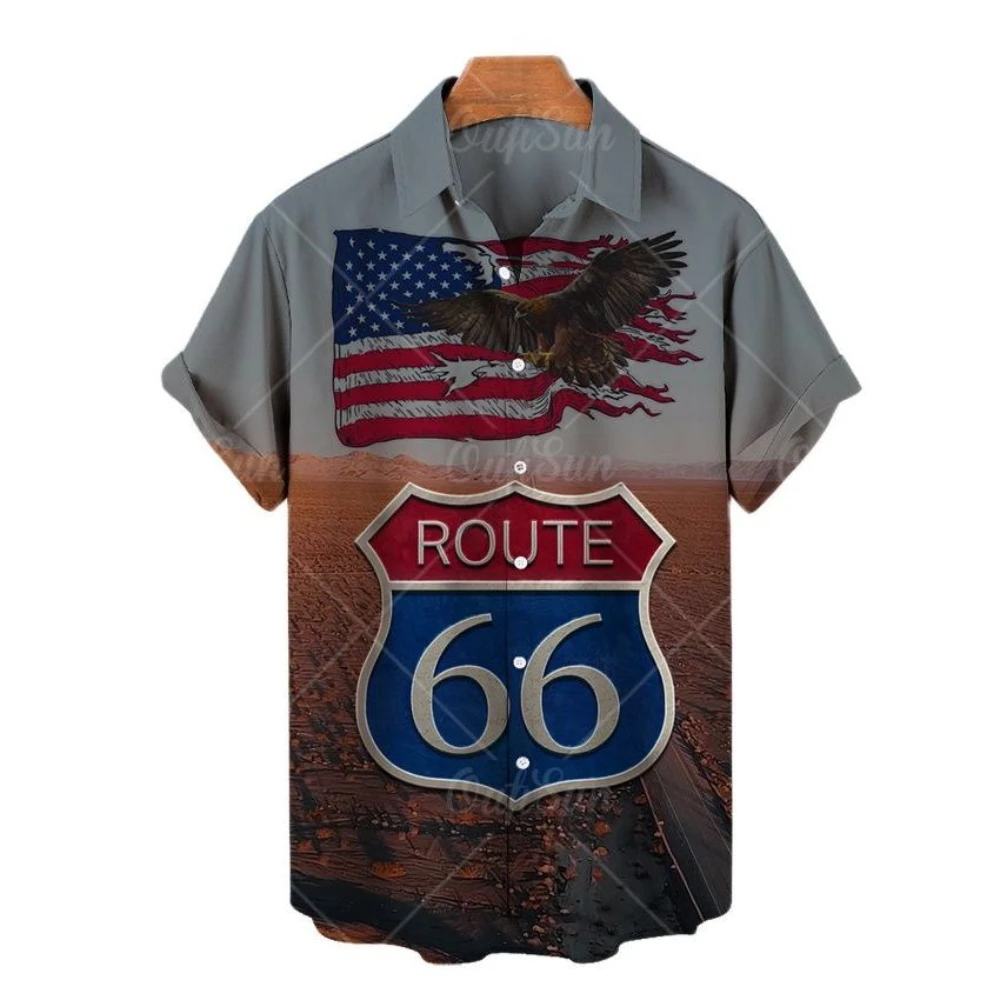 

Unisex Short Sleeve American Fashion Street Shirt All-match Comfortable National Flag Pattern Summer Casual Tops Highway 66