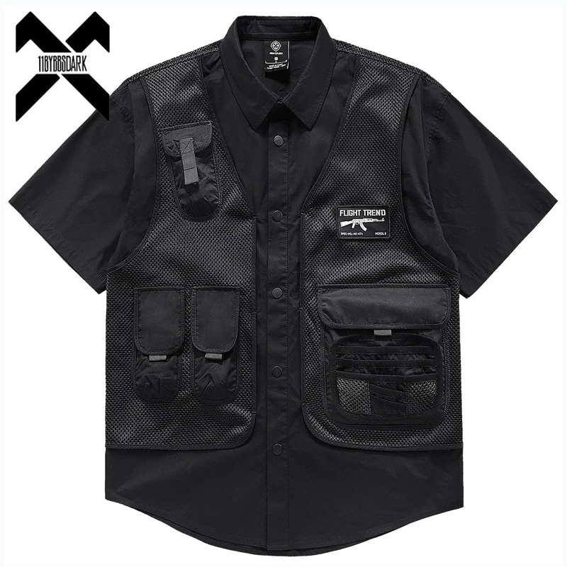 Hip Hop Tactical Shirts Men 2023 Summer Short Sleeve Fake Two Function Shirt Coat Loose Harajuku Tops Black Clothing