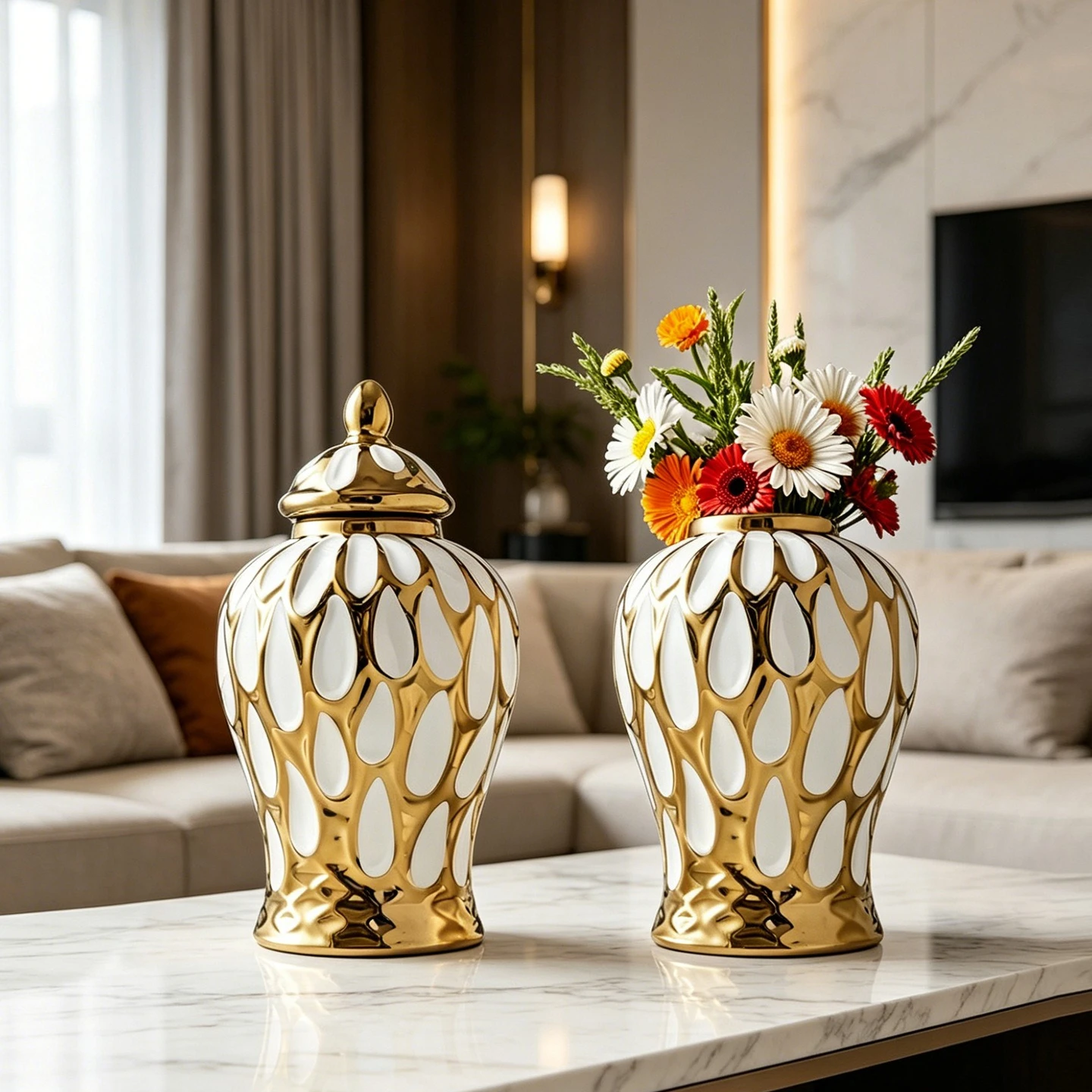 Creative Gilded Plaid Ceramic Vase Jar Desktop Ornament Luxury Plated Vase Hydroponic Dried Flowers Flower Arranging Office Vase