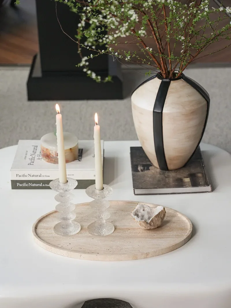 Light French yellow travertine tray natural marble light luxury oval desktop storage tray ornament
